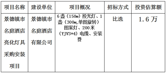 景德镇市名庭酒店亮化灯具采购安装项目计划公告