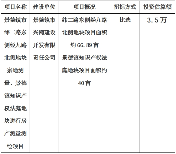 景德镇市纬二路东侧经九路北侧地块宗地测量、景德镇知识产权法庭地块进行房产测量测绘项目计划公告