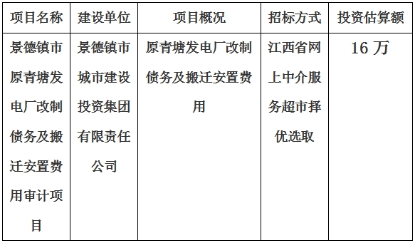 景德镇市原青塘发电厂改制债务及搬迁安置费用审计项目计划公告