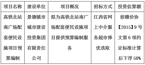 高铁北站南广场配套便民设施项目预算编制计划公告