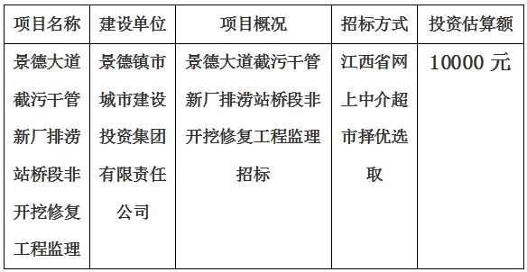 景德大道截污干管新厂排涝站桥段非开挖修复工程监理招标计划公告　