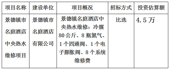 景德镇市名庭酒店中央热水维修项目计划公告