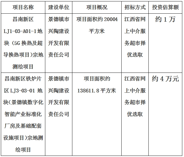 景德镇市昌南新区LJ1-03-A01-1地块（5G换热及超导换热项目）宗地测绘项目、昌南新区铁炉片区LJ3-03-01 地块（景德镇数字化智能产业标准化厂房及基础配套设施项目）宗地测绘项目计划公告