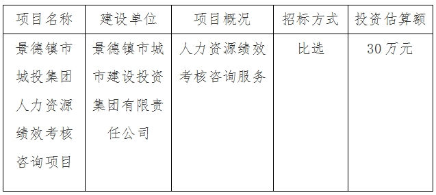 景德镇市城投集团人力资源绩效考核咨询项目计划公告