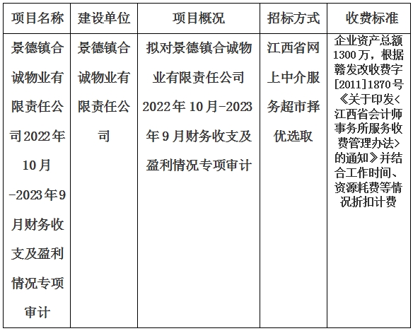 景德镇合诚物业有限责任公司2022年10月-2023年9月财务收支及盈利情况专项审计的计划公告