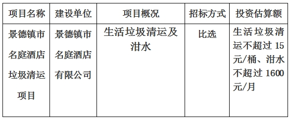 景德镇市名庭酒店垃圾清运项目计划公告