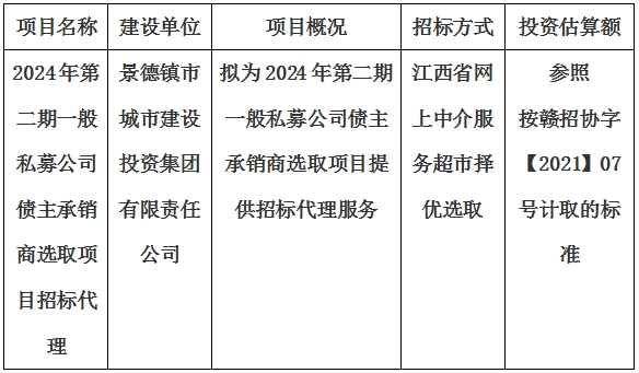 2024年第二期一般私募公司债主承销商选取项目招标代理计划公告