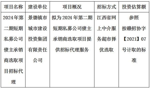 2024年第二期短期私募公司债主承销商选取项目招标代理计划公告