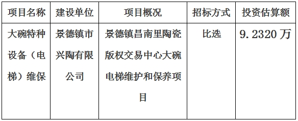 景德镇昌南里陶瓷版权交易中心大碗特种设备（电梯）维保计划公告