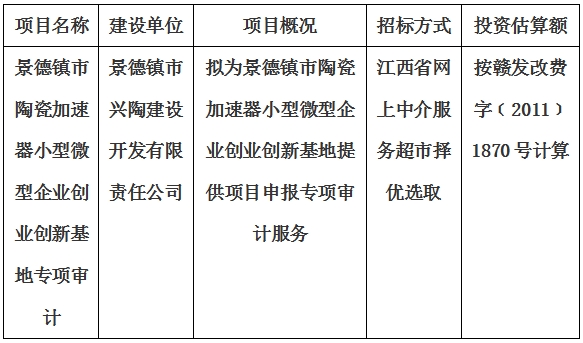 景德镇市陶瓷加速器小型微型企业创业创新基地专项审计计划公告