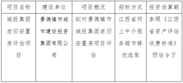 城投集团老旧安置房评估项目计划公告