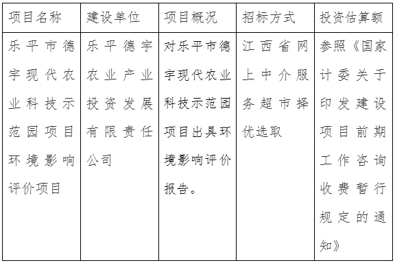 乐平市德宇现代农业科技示范园项目环境影响评价项目计划公告