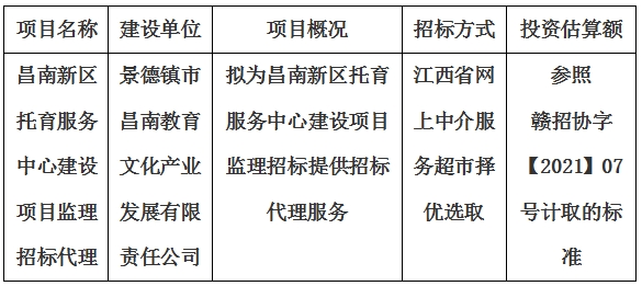 昌南新区托育服务中心建设项目监理招标代理计划公告