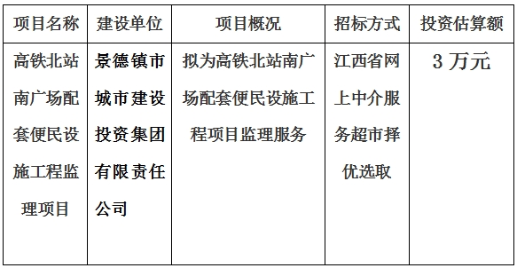 高铁北站南广场配套便民设施工程监理项目计划公告