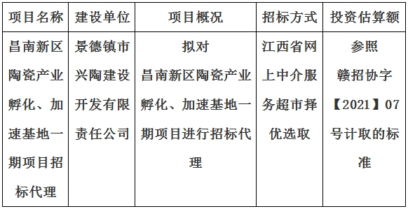 昌南新区陶瓷产业孵化、加速基地一期项目招标代理计划公告