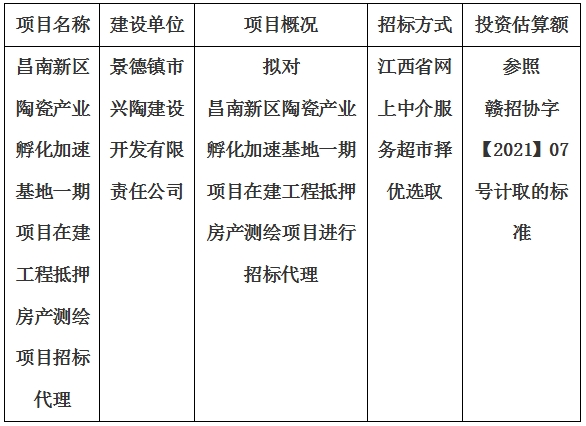 昌南新区陶瓷产业孵化加速基地一期项目在建工程抵押房产测绘项目招标代理计划公告