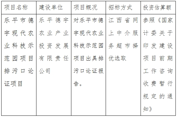 乐平德宇公司德宇现代农业科技示范园排污口论证项目计划公告