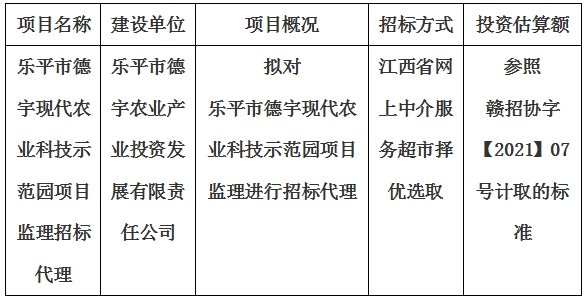 乐平市德宇现代农业科技示范园项目监理招标代理计划公告