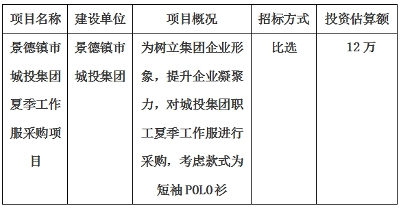 景德镇市城投集团夏季工作服采购项目计划公告