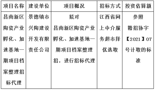 昌南新区陶瓷产业孵化、加速基地一期项目档案整理招标代理计划公告