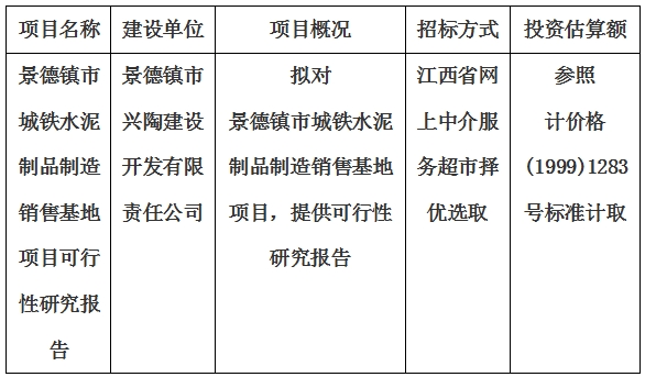 景德镇市城铁水泥制品制造销售基地项目可行性研究报告计划公告