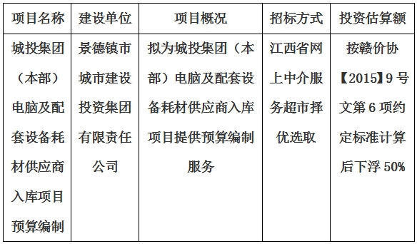 城投集团（本部）电脑及配套设备耗材供应商入库项目预算编制计划公告