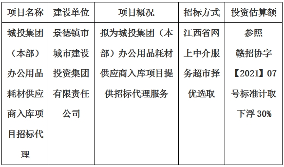 城投集团（本部）办公用品耗材供应商入库项目招标代理计划公告