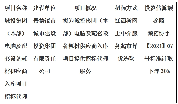 城投集团（本部）电脑及配套设备耗材供应商入库项目招标代理计划公告