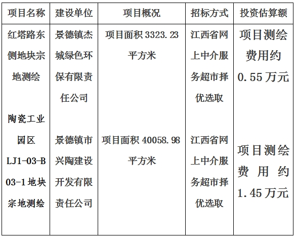 景德镇市红塔路东侧地块宗地测绘项目及陶瓷工业园区LJ1-03-B03-1地块宗地测绘项目计划公告