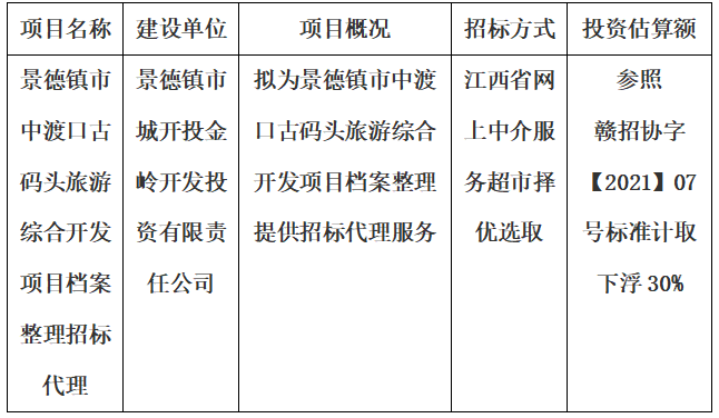 景德镇市中渡口古码头旅游综合开发项目档案整理招标代理计划公告