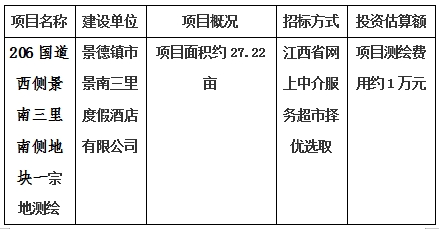 景德镇市206国道西侧景南三里南侧地块一、206国道西侧景南三里南侧地块二、206国道西侧景南三里南侧地块三、光明大道南侧景兴大道西侧地块、新村北路北侧原财政局地块、洪源镇政府北侧规划路西侧地块宗地测绘项目计划公告