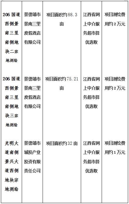 景德镇市206国道西侧景南三里南侧地块一、206国道西侧景南三里南侧地块二、206国道西侧景南三里南侧地块三、光明大道南侧景兴大道西侧地块、新村北路北侧原财政局地块、洪源镇政府北侧规划路西侧地块宗地测绘项目计划公告