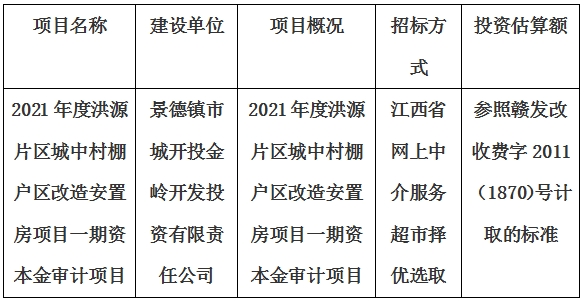 2021年度洪源片区城中村棚户区改造安置房项目一期资本金审计项目计划公告