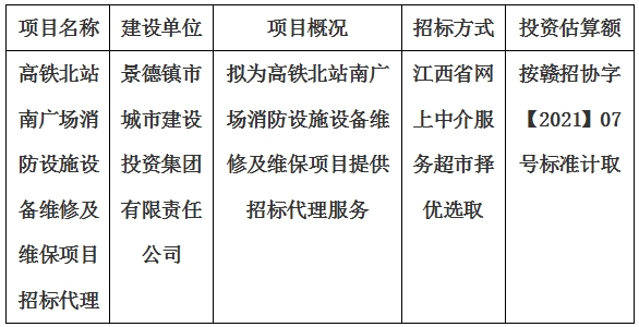 高铁北站南广场消防设施设备维修及维保项目招标代理计划公告